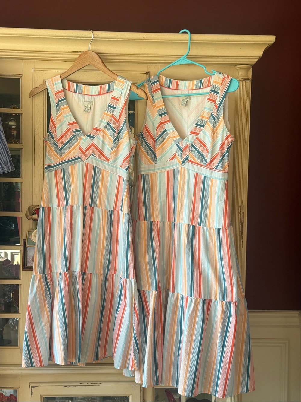 Odille Sleeveless V-Neck Tiered Stripe Dress in Coral, Blue & yellow